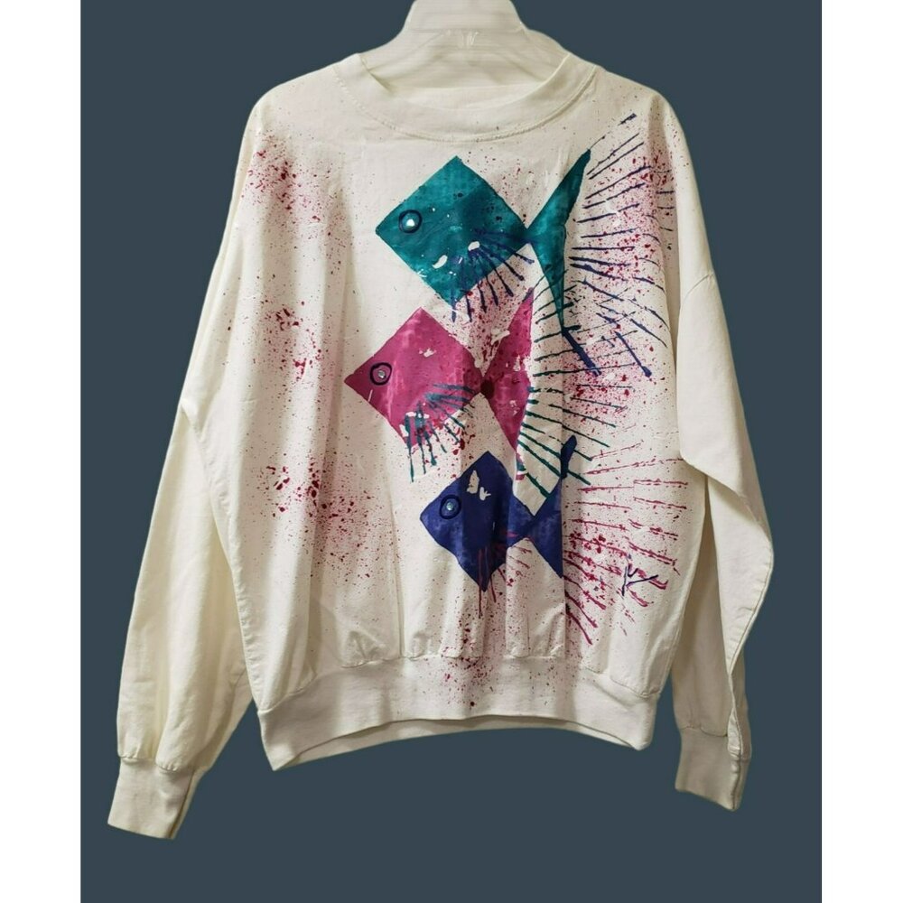 Vintage Splatter Paint Fish blouse, Large, Jeweled, Just Me Designs, 80s Style